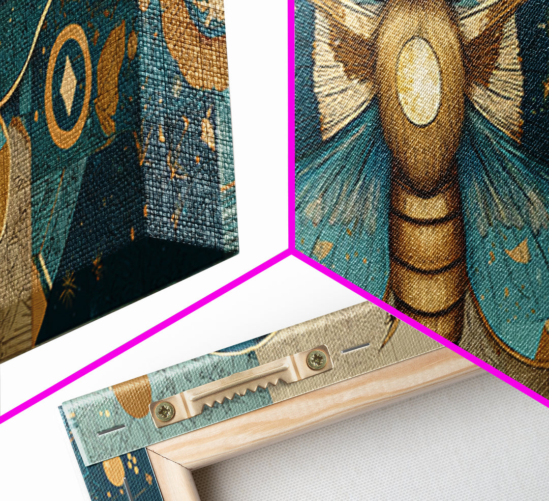 Golden Moth with Moon and Stars Framed Canvas Print, Boho Art, Statement Artwork, Living Room Decor, Fine Art, Bohemian, BOH-3x1-57