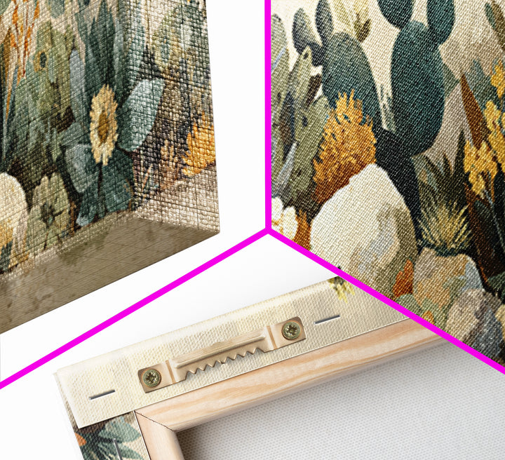 Warm Neutral Cactus Garden Illustration Framed Canvas Print, Boho Art, Boho Wall Art, Living Room Decor, Oil Painting, Bohemian, BOH-3x1-58