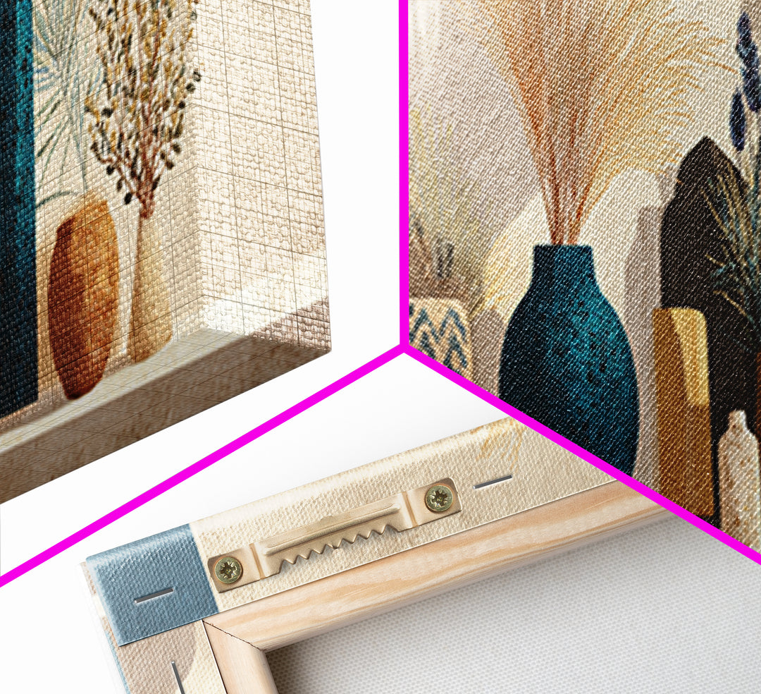Bohemian Vase with Dried Pampas Grass Framed Canvas Print, Boho Art, Textured Painting, Living Room Decor, Fine Art, Bohemian, BOH-3x1-73
