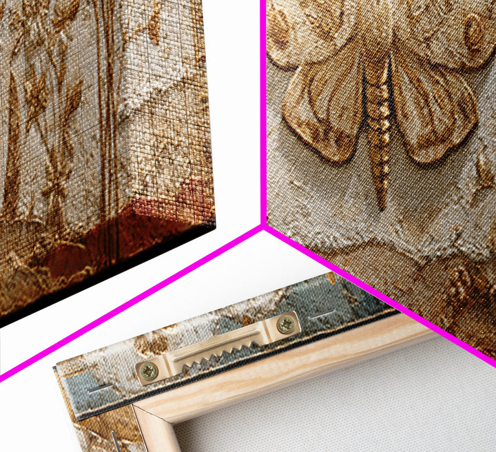 Golden Moth with Moon and Stars Framed Canvas Print, Boho Art, Statement Artwork, Living Room Decor, Fine Art, Bohemian, BOH-3x1-81