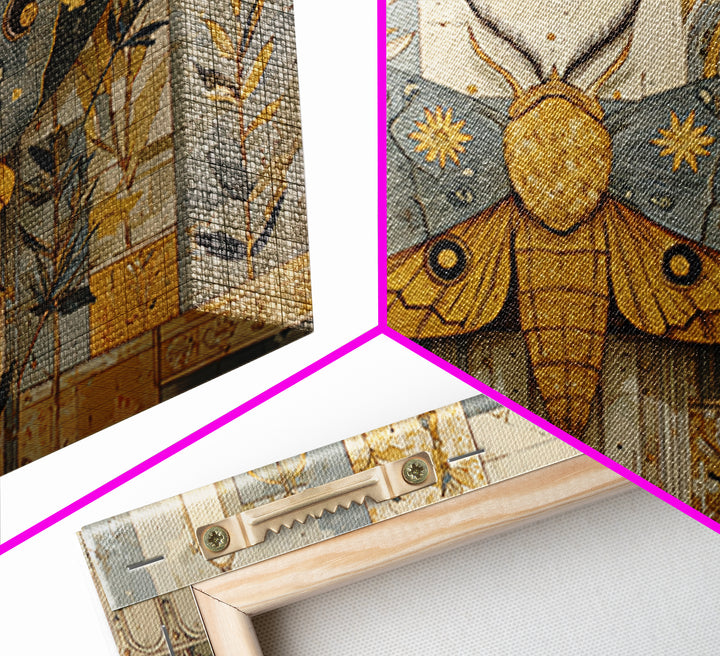Golden Moth with Moon and Stars Canvas Print, Boho Art, Modern Decor, Living Room Decor, Fine Art, Bohemian, Wall Decor, BOH-3x2-21