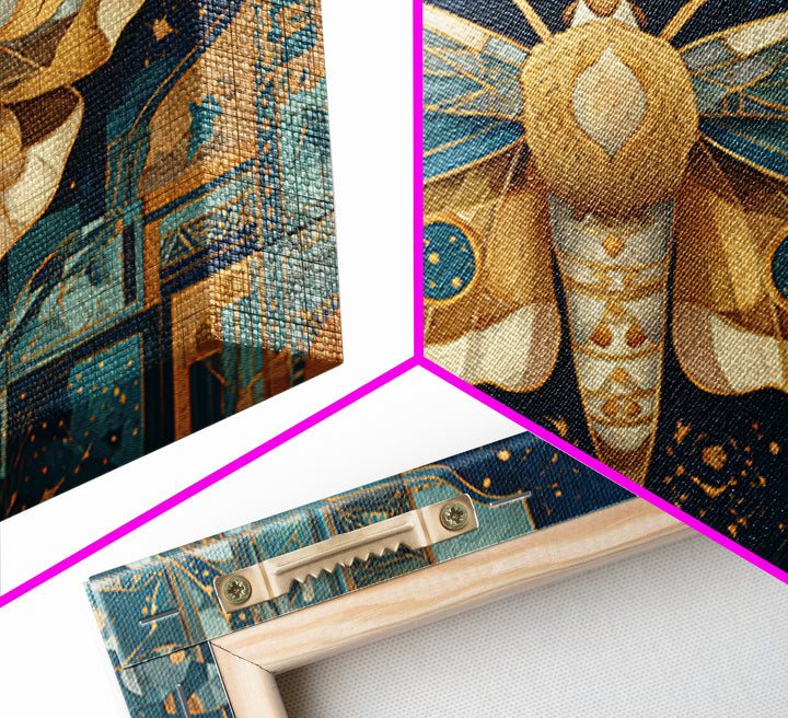 Golden Moth with Moon and Stars Framed Canvas Print, Boho Art, Textured Painting, Living Room Decor, Fine Art, Bohemian, BOH-3x2-45