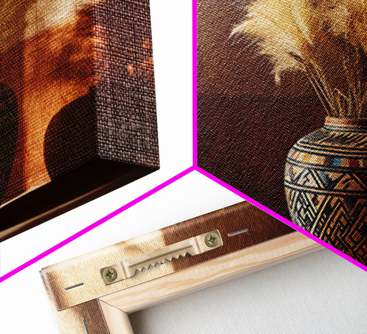 Bohemian Vase with Dried Pampas Grass Framed Canvas Print, Boho Art, Wall Art, Living Room Decor, Fine Art, Bohemian, BOH-3x2-85