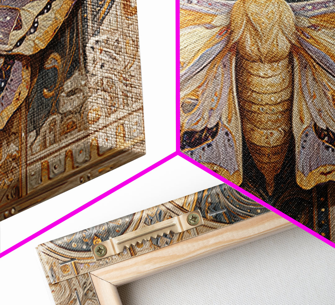 Golden Moth with Moon and Stars Canvas Print, Boho Art, Art, Living Room Decor, Fine Art, Bohemian, Wallart, Art Nouveau, BOH-3x2-93