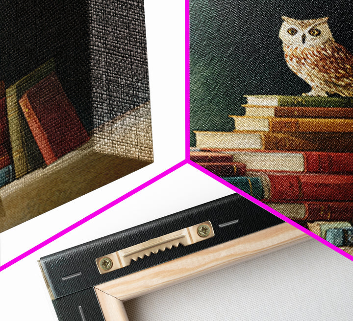 Owl Perched on a Stack of Classics Framed Canvas Print, Bookstore Art, Fine Art Print, Bookstore Decor, Abstract Art, Literary, BOO-1x1-57
