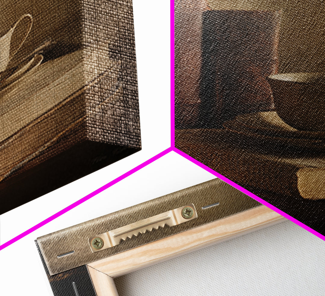 Teacup Beside a Worn Leather Bound Book Framed Canvas Print, Bookstore Art, Neutral Decor, Bookstore Decor, Fine Art, Literary, BOO-1x1-80