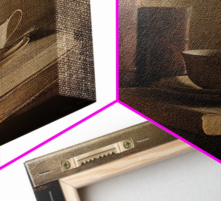 Teacup Beside a Worn Leather Bound Book Framed Canvas Print, Bookstore Art, Neutral Decor, Bookstore Decor, Fine Art, Literary, BOO-1x1-80