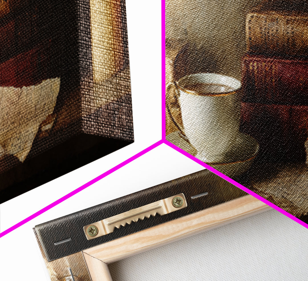 Teacup Beside a Worn Leather Bound Book Framed Canvas Print, Bookstore Art, Home Decor, Bookstore Decor, Fine Art, Literary, BOO-3x1-72