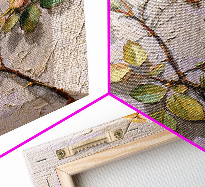 Wild Rose Branch Framed Canvas Print, Botanical Art, Sage Green Wall Art, Living Room Decor, Oil Painting, Botanic, BOT-1x1-70