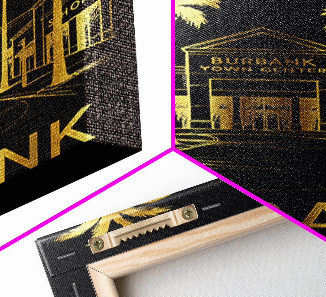 Burbank Travel Poster, Framed Canvas Print, Black And Gold Line Art, Burbank Wall Art, Vintage City Art, Retro Travel Print, Travel Gift