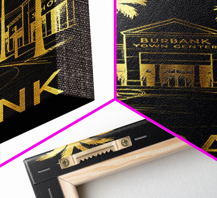 Burbank Travel Poster, Framed Canvas Print, Black And Gold Line Art, Burbank Wall Art, Vintage City Art, Retro Travel Print, Travel Gift