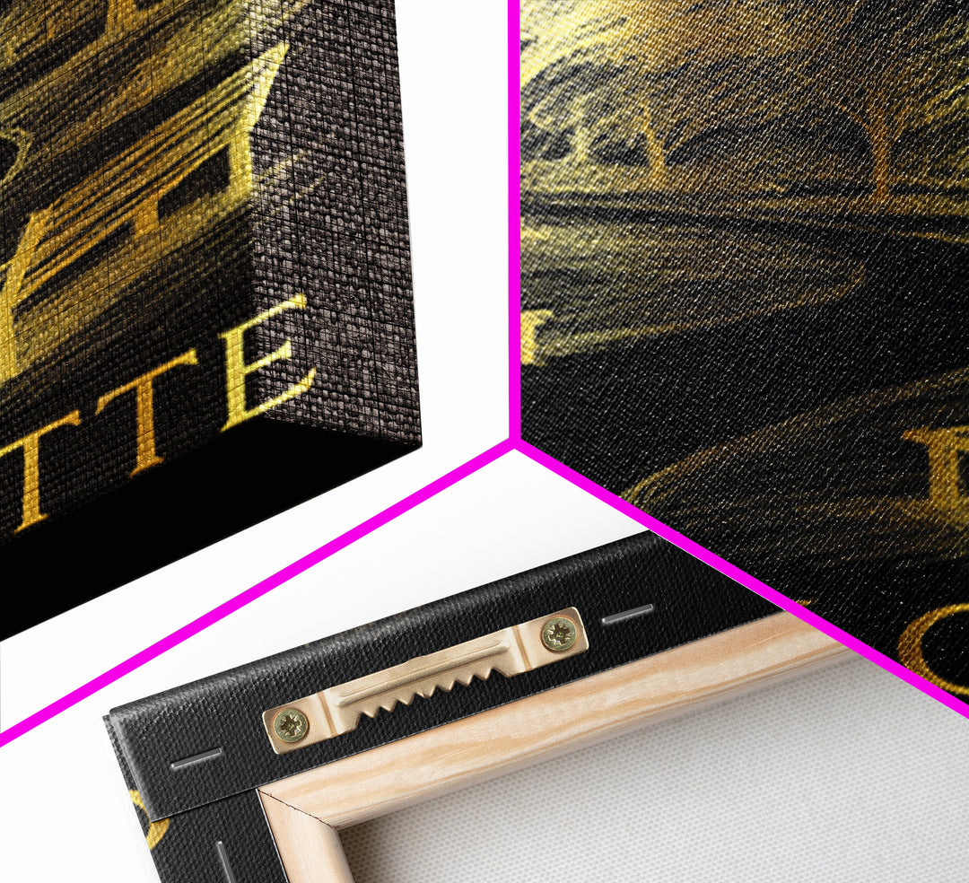 Charlotte Travel Poster, Framed Canvas Print, Dark Background Poster Art, Charlotte Art Print, Watercolor Skyline, Travel Poster Set