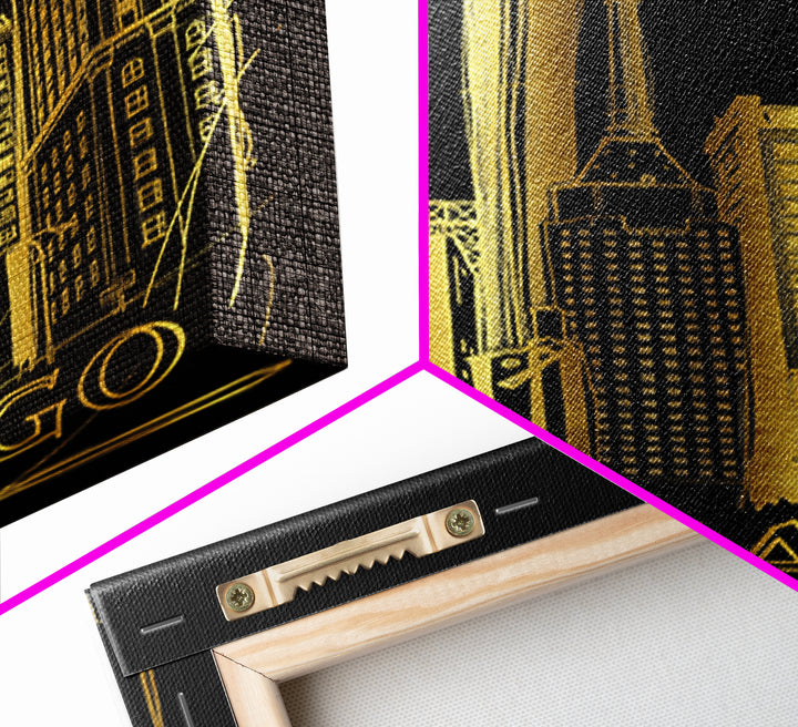 Chicago Illinois Travel Poster, Canvas Print, Black And Gold Line Art, Chicago Travel Art, Mid Century Wall Art, Wall Art, Wall Art