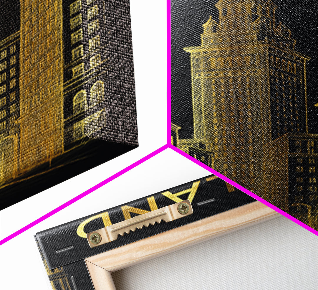 Cleveland Ohio Travel Poster, Framed Canvas Print, Elegant Gold City Art, Cleveland Wall Art, Fine Art Print, Travel Poster Set, Home Decor