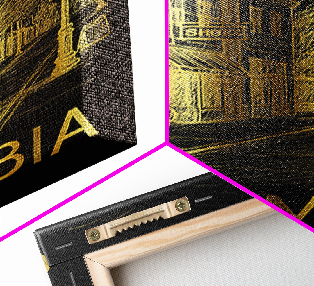 Columbia Travel Poster, Framed Canvas Print, Black And Gold Line Art, Columbia Poster Print, Retro Travel Print, Vintage City Poster
