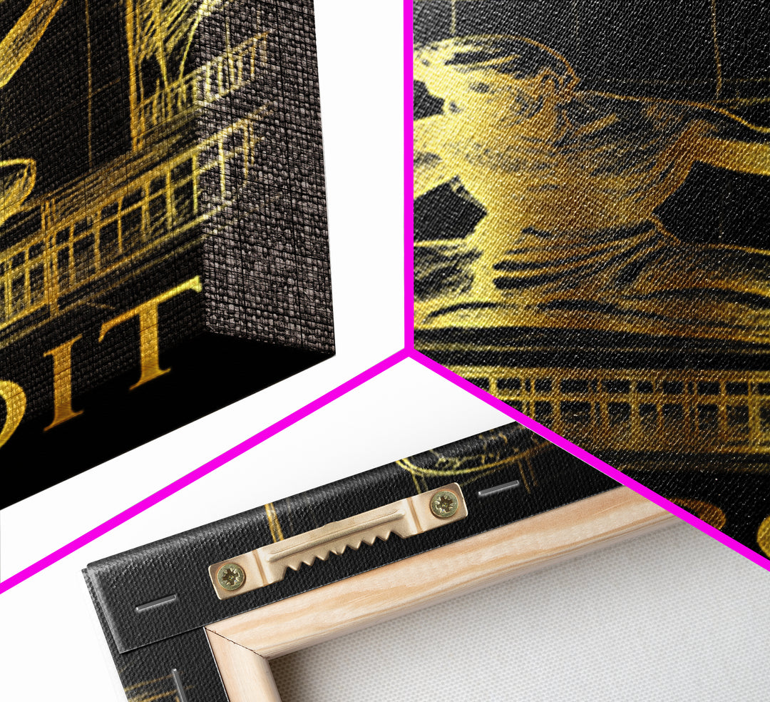 Detroit Travel Poster, Canvas Print, Gold Sketch Wall Art, Detroit Travel Art, Mid Century Wall Art, City Travel Prints, Home Office Decor