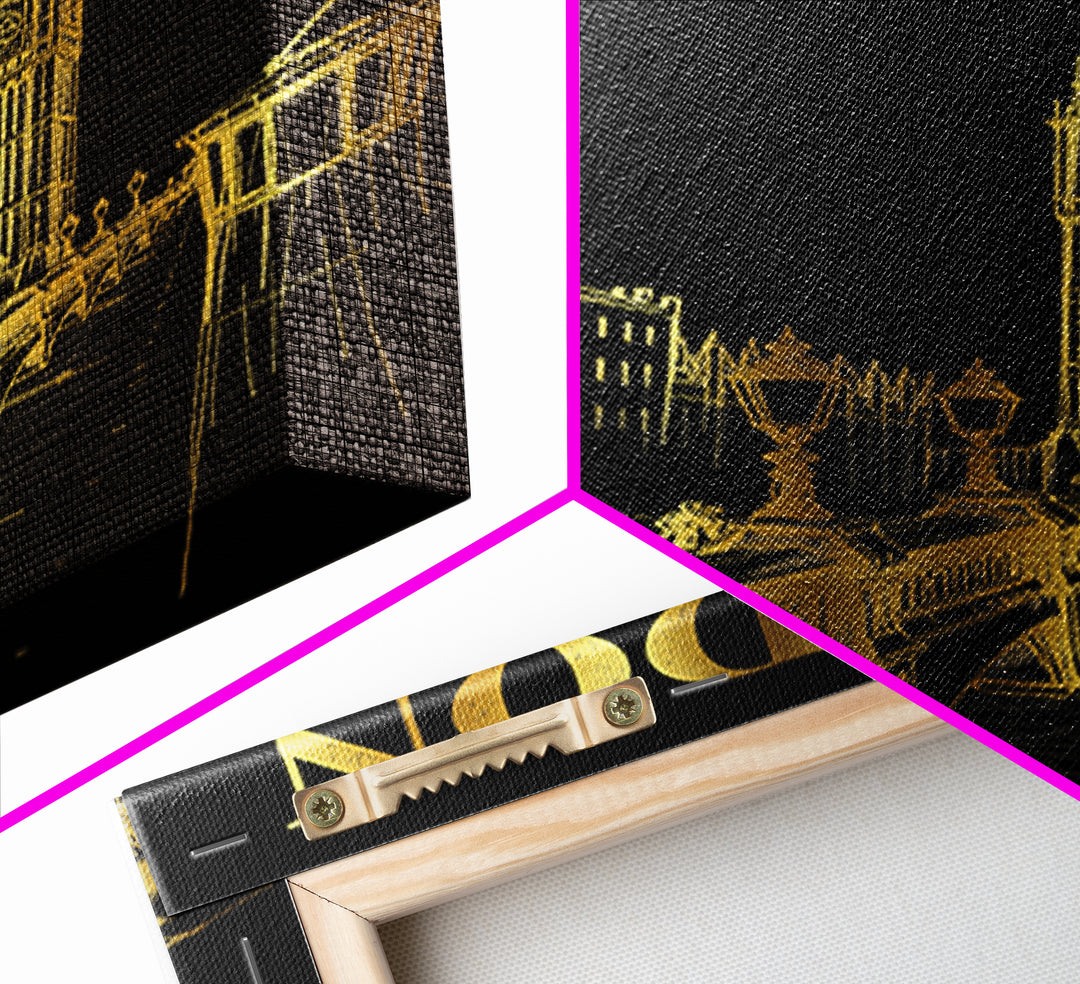 London Travel Poster, Framed Canvas Print, Gold Sketch Wall Art, London Poster Print, Living Room Wall Art, Vintage City Art, Poster Art