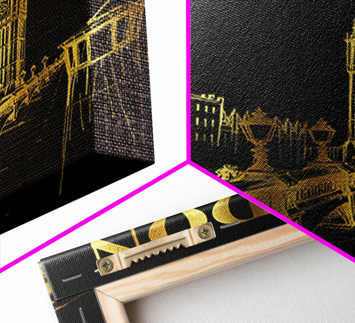 London Travel Poster, Framed Canvas Print, Gold Sketch Wall Art, London Poster Print, Living Room Wall Art, Vintage City Art, Poster Art