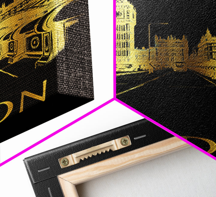 London Travel Poster, Framed Canvas Print, Elegant Gold City Art, London Travel Art, Eclectic Wall Decor, Retro Travel Print, Design 2