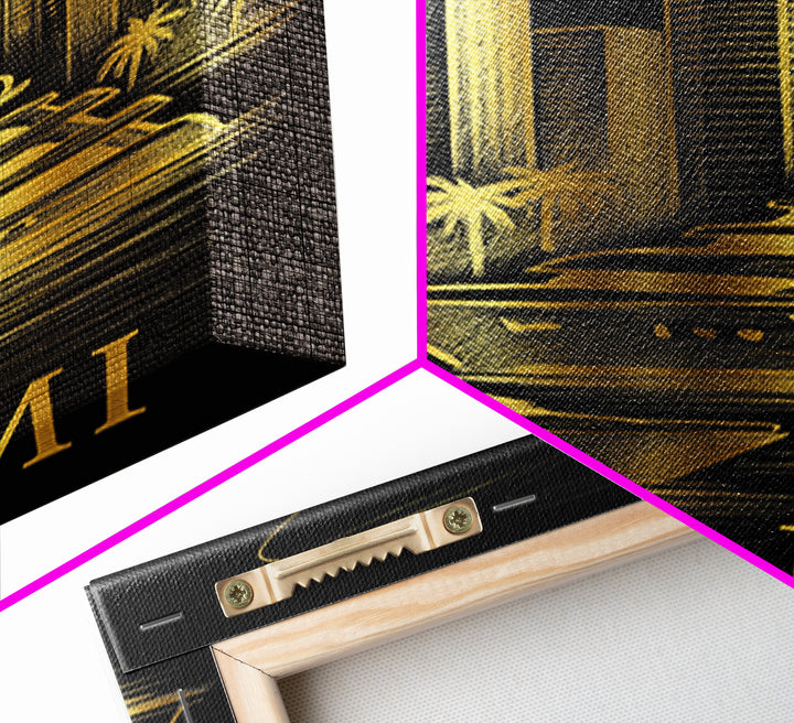 Miami Travel Poster, Framed Canvas Print, Elegant Gold City Art, Miami Travel Art, Fine Art Print, Gift For Travelers, City Art Print