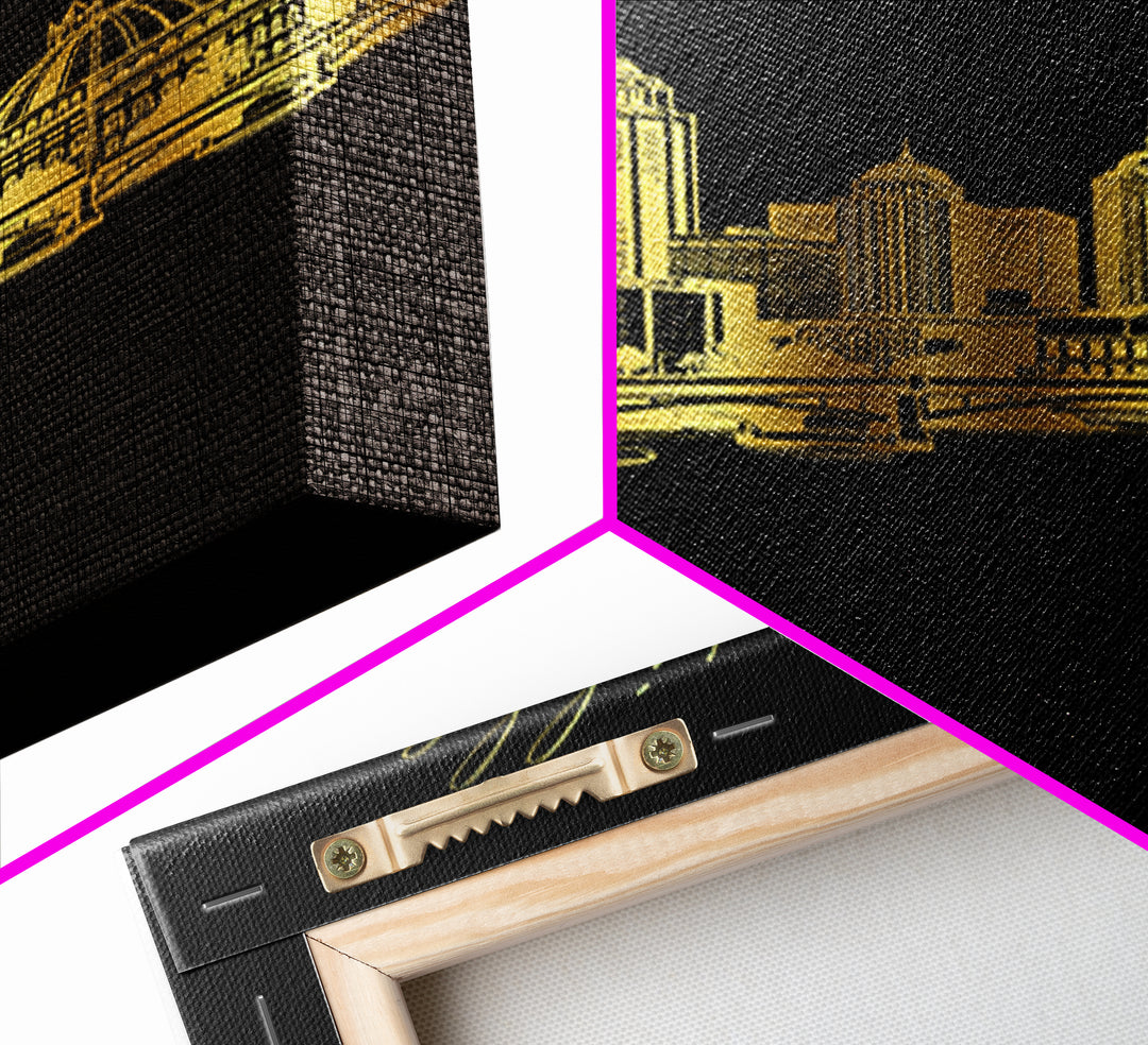 Nashville Travel Poster, Framed Canvas Print, Black And Gold Line Art, Nashville Travel Art, Travel Art Print, Watercolor Downtown Skyline