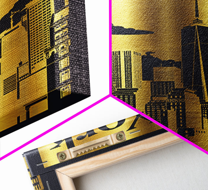 New York Travel Poster, Canvas Print, Black And Gold Line Art, New York Poster Print, Watercolor Skyline, City Illustration, Design 4