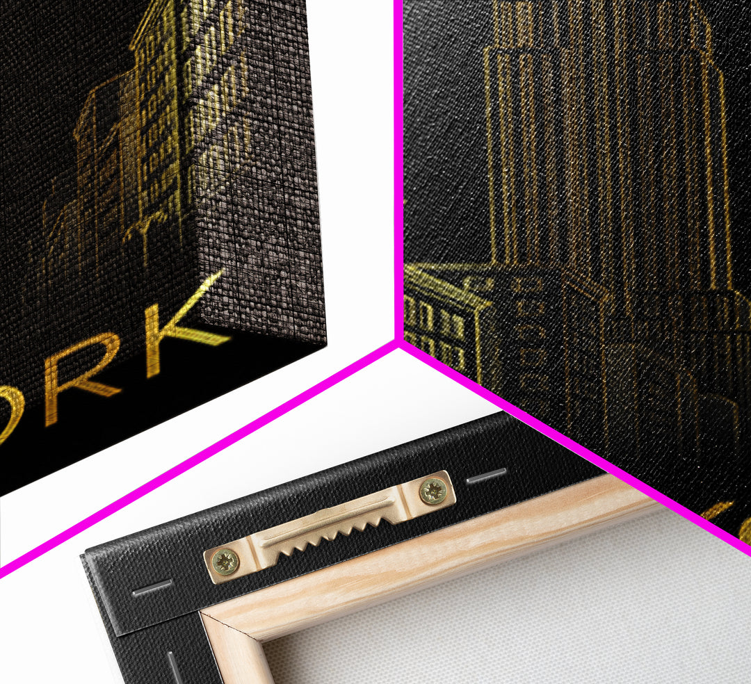 New York Travel Poster, Framed Canvas Print, Black And Gold Line Art, New York Art Print, Fine Art Print, Home Office Decor, Travel Gift