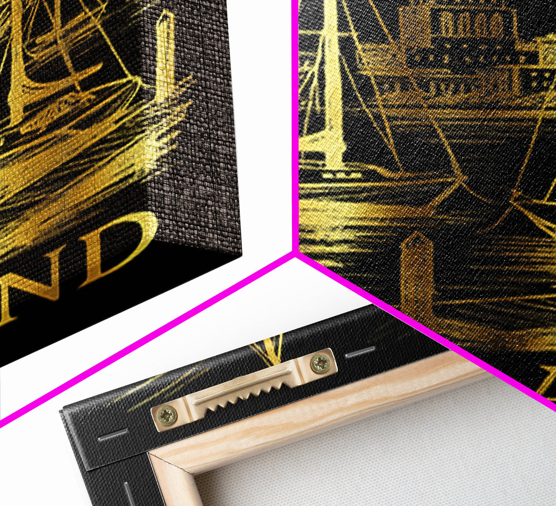 Oakland Travel Poster, Canvas Print, Gold Sketch Wall Art, Oakland Travel Art, Watercolor Downtown Skyline, Travel Poster Set, Travel Art