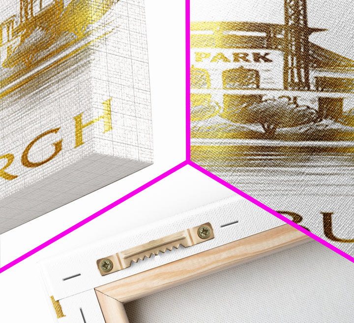 Pittsburg Travel Poster, Canvas Print, White And Gold Sketch Art, Pittsburg Wall Art, Retro Travel Print, Travel Wall Art, Vintage City Art