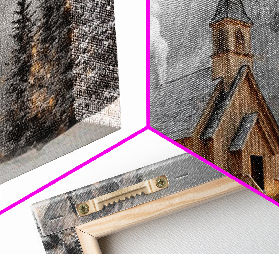 Mountain Chapel Glow - Framed Canvas Print - Christian Wall Art - Christian Christmas Art - Christmas Wall Art - Christian Decor
