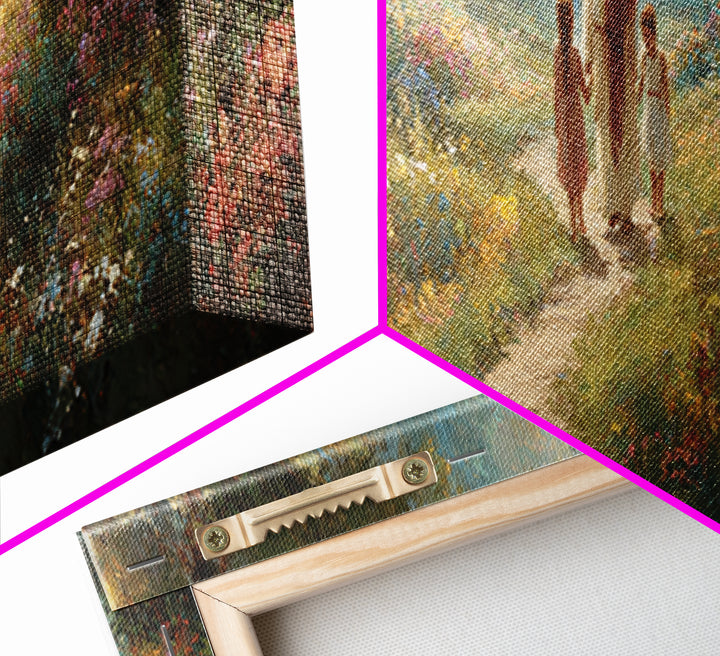 Sunlit Garden Peace – Framed Canvas Print – Panoramic Art – Jesus Painting – Christian Wall Art – Christian Art Print