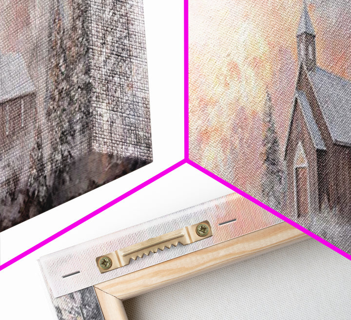 Snowlit Church Dawn | Framed Canvas Print | Christian Wall Art | Christmas Art Work | Christian Christmas Decor | Panoramic Painting | Chri