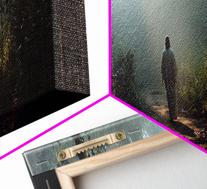 Light Through The Trees, Framed Canvas Print, Christian Wall Art, Jesus Painting, Panoramic Print, Christian Art Canvas, Large Christian Pa