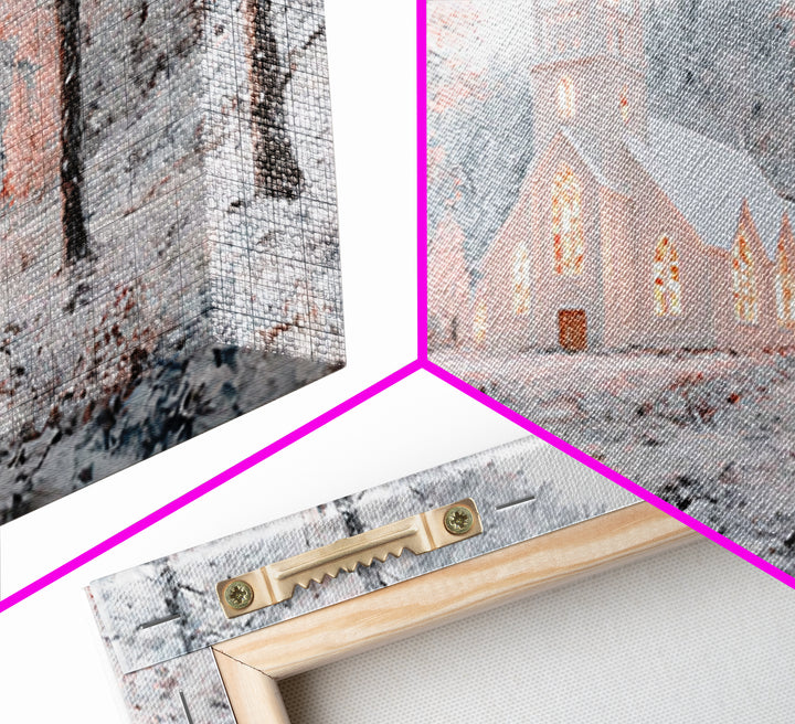 Winter Chapel Glow – Framed Canvas Print – Christian Wall Art – Christmas Art Prints – Christian Christmas Decor – Modern Christmas Art – C