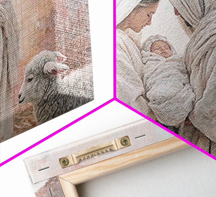 Wooden Nativity Glow, Framed Canvas Print, Christian Art Canvas, Christian Wall Art, Jesus Painting, Christian Christmas Art, Christmas Art