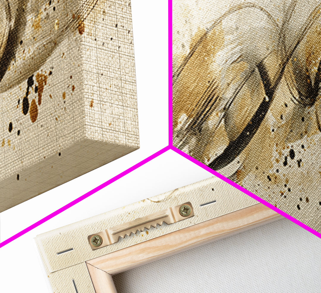 Abstract Gold Calligraphic Strokes on Ivory Paper Canvas Print, Calligraphy Art, Unique Wall Art, Living Room Decor, Script, CAL-3x1-66