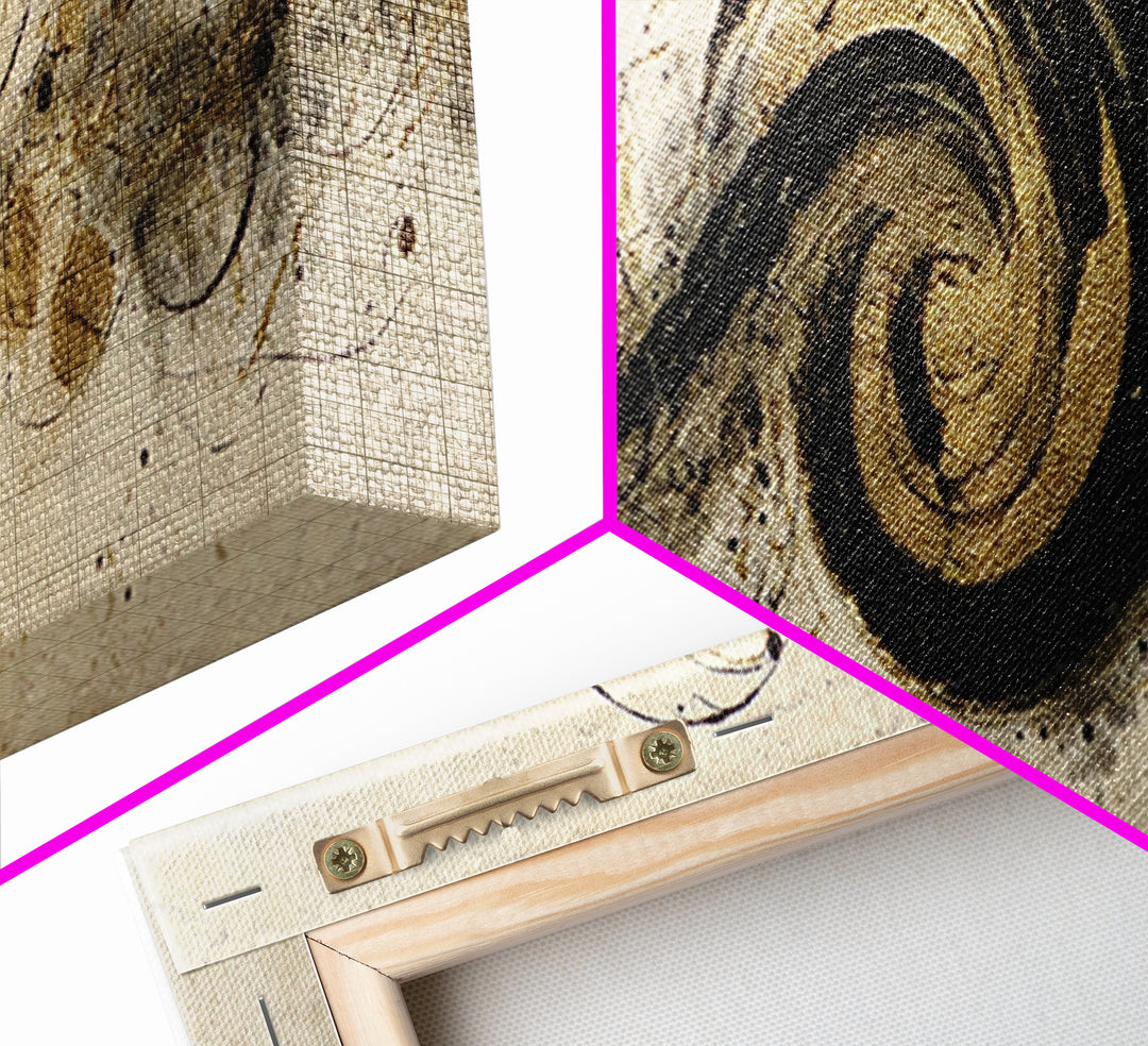 Gold Leaf Calligraphic Spiral on Plaster Surface Canvas Print, Calligraphy Art, Art, Living Room Decor, Oil Painting, Script, CAL-3x1-78