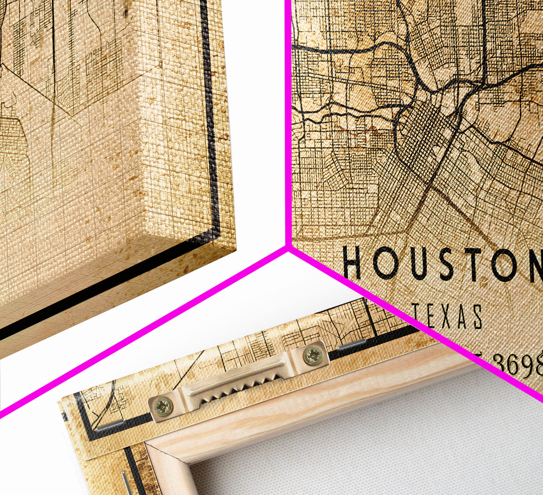 Houston Vintage Map Print, Framed Canvas, Houston Map, Texas Map Art, Houston City Road Map Poster, Vintage Map