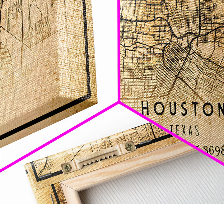 Houston Vintage Map Print, Framed Canvas, Houston Map, Texas Map Art, Houston City Road Map Poster, Vintage Map