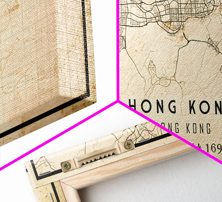 Vintage Hong Kong City Map Wall Art Canvas Print, Distressed Hong Kong Map, Framed Wall Art, Cool Hong Kong Travel Wall Art, Office Art