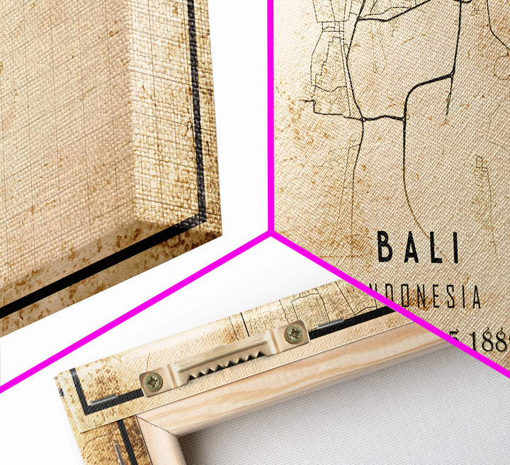 Vintage Bali Indonesia City Map Wall Art Canvas Print, Distressed Style Bali Map, Framed Wall Art, Cool Bali Travel Wall Art, Office Art