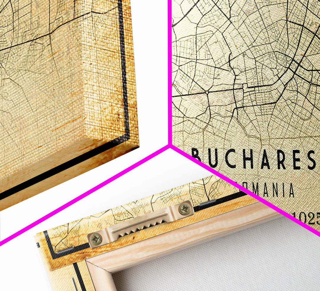 Vintage Style Bucharest City Map Wall Art Canvas Print, Distressed Bucharest Map, Framed Wall Art, Cool RomaniaTravel Wall Art, Office Art