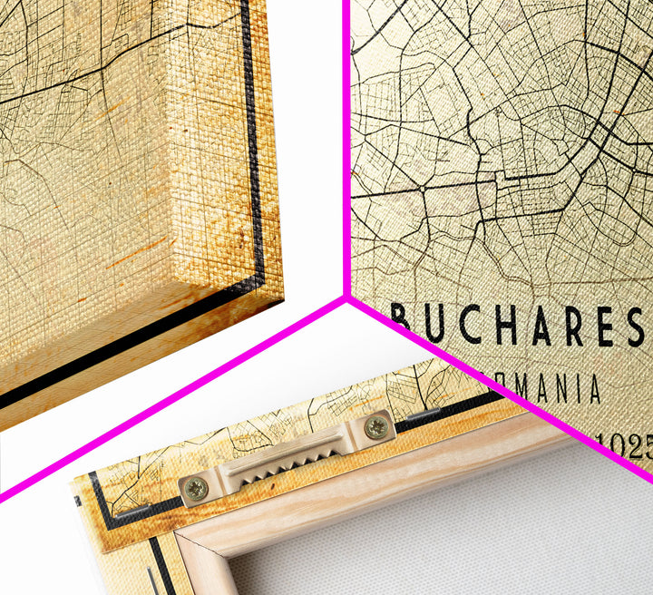 Vintage Style Bucharest City Map Wall Art Canvas Print, Distressed Bucharest Map, Framed Wall Art, Cool RomaniaTravel Wall Art, Office Art