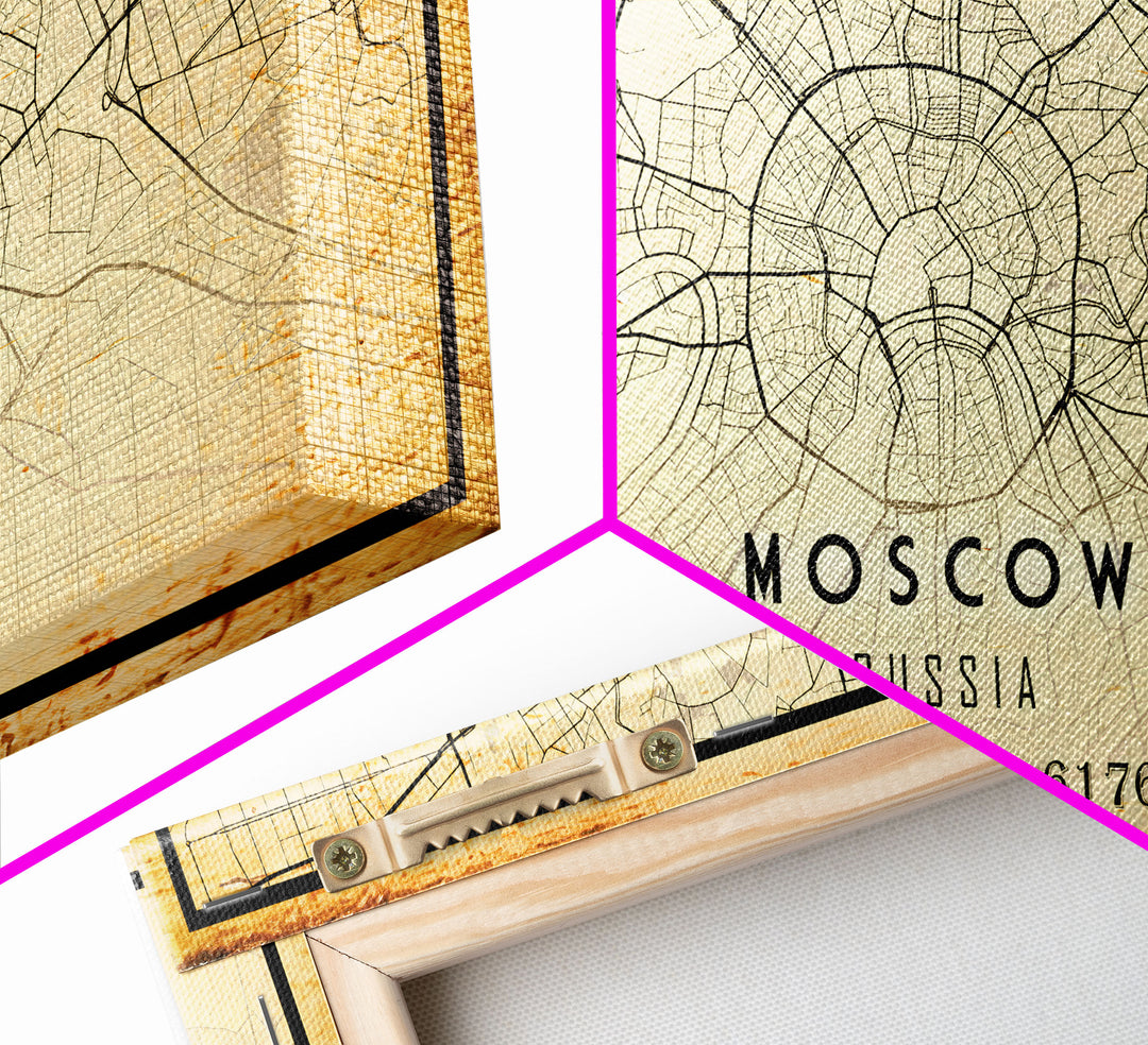 Vintage Style Moscow City Map Wall Art Canvas Print, Distressed Moscow Russia Map, Framed Wall Art, Cool Moscow Travel Wall Art, Office Art