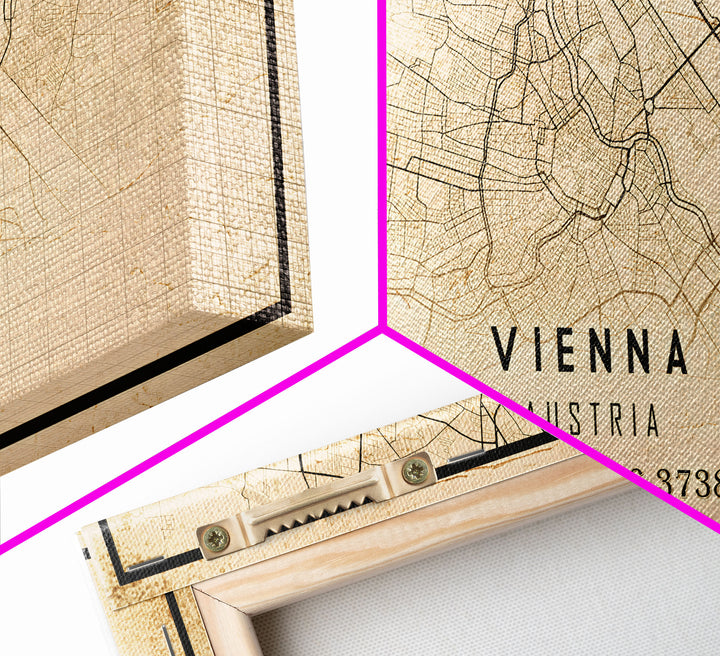 Vintage Vienna City Map Wall Art Canvas Print, Distressed Style Vienna Austria Map, Framed Wall Art, Cool Vienna Travel Wall Art, Office Art