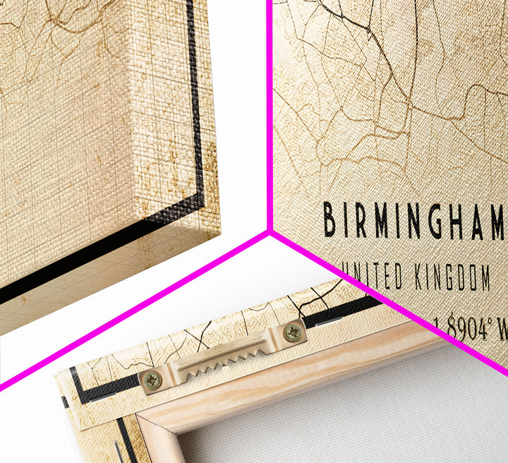 Panoramic Birmingham UK map print poster or framed canvas, map print poster canvas, UK city map print poster canvas, Vintage Travel Art
