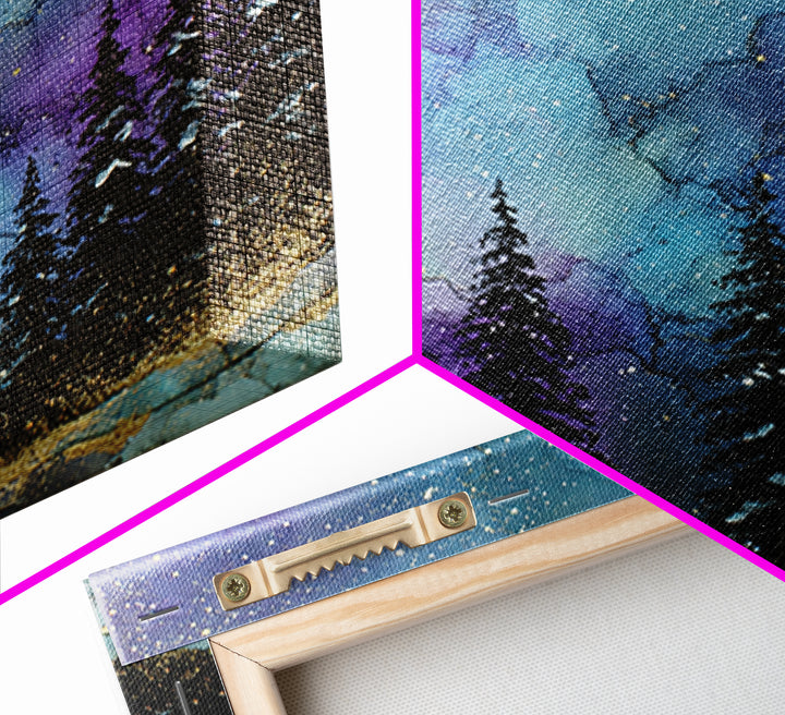Aurora Borealis over Snowy Pines Framed Canvas Print, Celestial Art, Art Nouveau Decor, Living Room Decor, Fine Art, Celestial, CEL-1x1-41