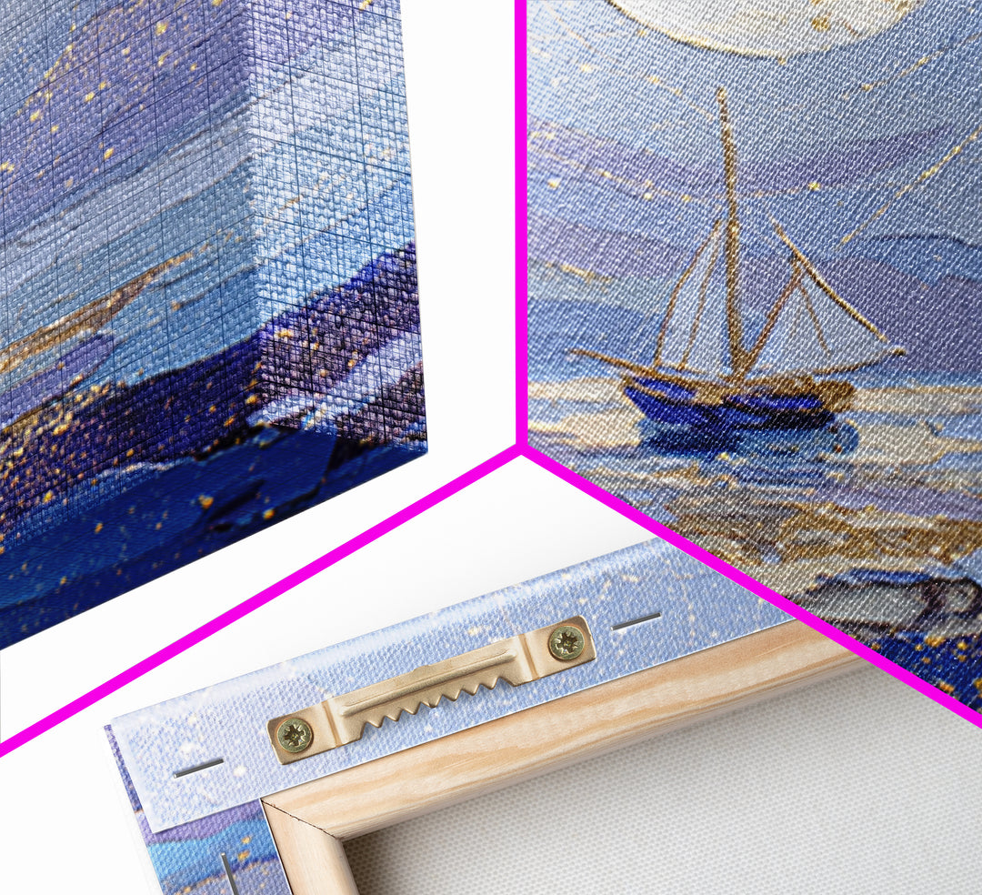 Tiny Sailboat Beneath a Huge Moon Framed Canvas Print, Celestial Art, Modern Art, Living Room Decor, Oil Painting, Celestial, CEL-1x1-43