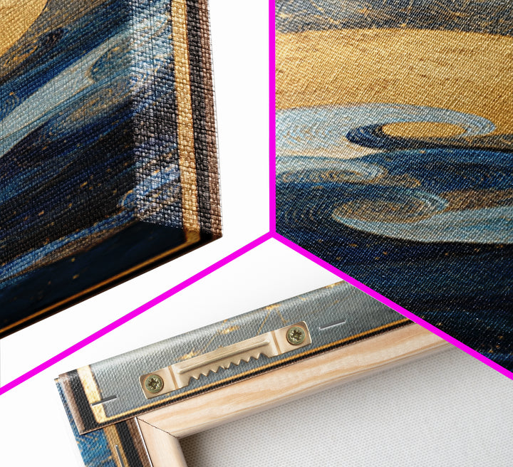 Golden Sun over Abstract Ocean Waves Framed Canvas Print, Celestial Art, Witchy Decor, Living Room Decor, Fine Art, Celestial, CEL-1x3-83