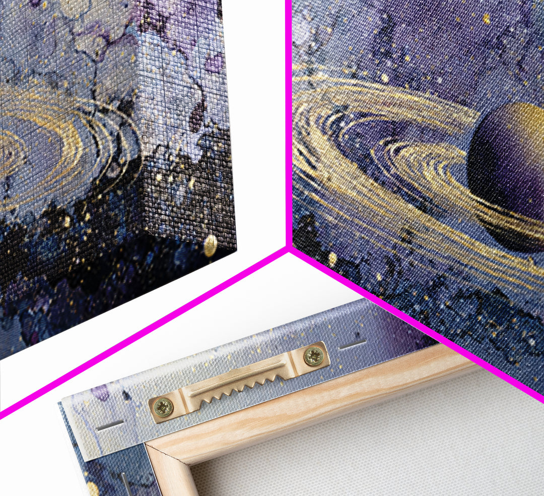 Glowing Planet with Rings and Tiny Moons Canvas Print, Celestial Art, Neutral Decor, Living Room Decor, Abstract Art, Celestial, CEL-2x1-2